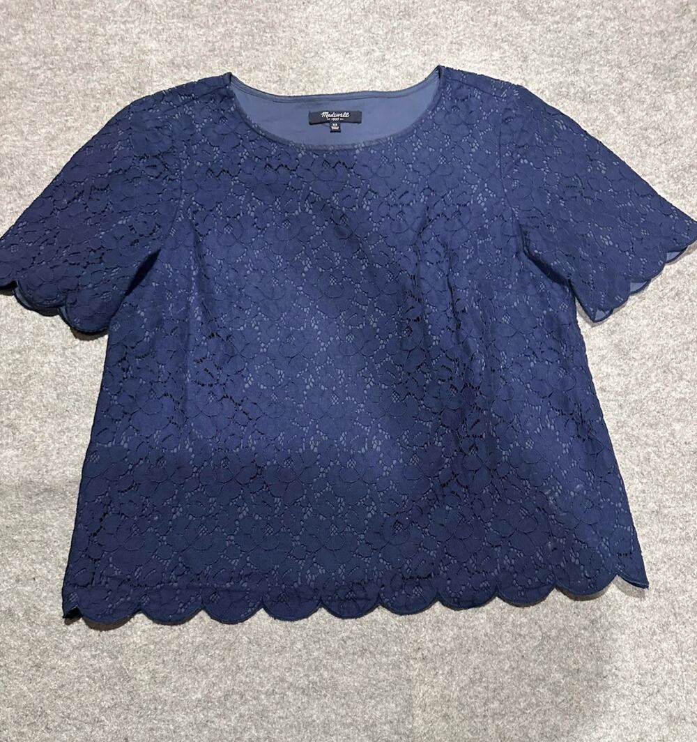 Madewell Women's Navy Blouse with Scalloped Edge Size XS